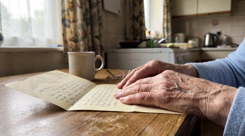 An elderly woman's hands resting on an open old letter at a kitchen table