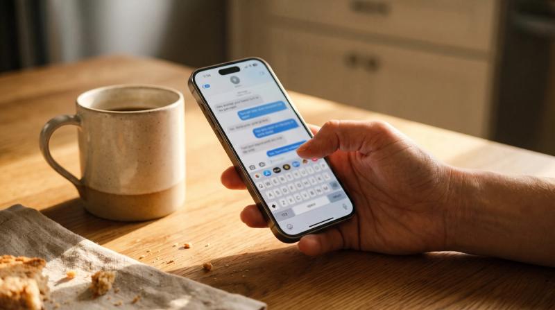 A woman's hand holding a phone beside a coffee mug at a sunny kitchen table in the morning