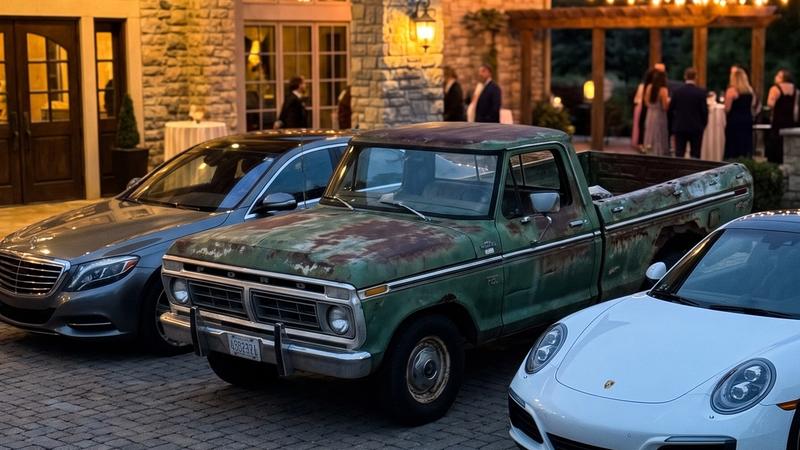 An old rusted work pickup truck parked between luxury cars outside an upscale venue at dusk