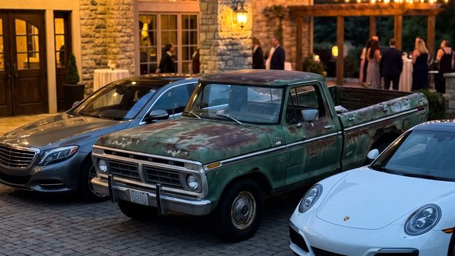 An old rusted work pickup truck parked between luxury cars outside an upscale venue at dusk