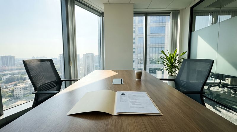 A modern office conference room set up for a job interview
