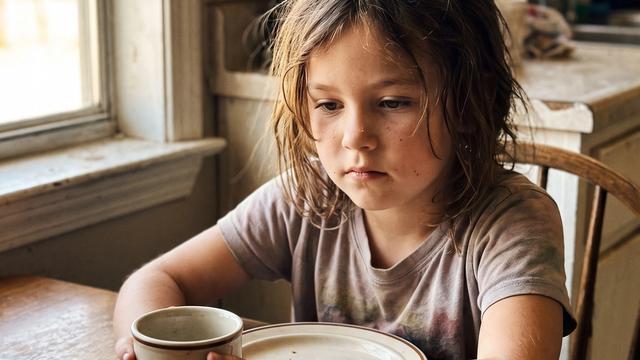 A young girl sitting alone at a kitchen table in warm morning light, seen from across the table
