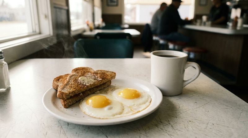 A simple diner breakfast of two eggs, wheat toast and black coffee on a worn table