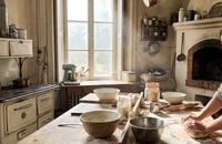 An old family bakery kitchen in warm light, copper pans overhead and hands kneading dough on a worn wooden counter