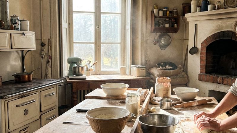 An old family bakery kitchen in warm light, copper pans overhead and hands kneading dough on a worn wooden counter