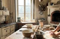 An old family bakery kitchen in warm light, copper pans overhead and hands kneading dough on a worn wooden counter