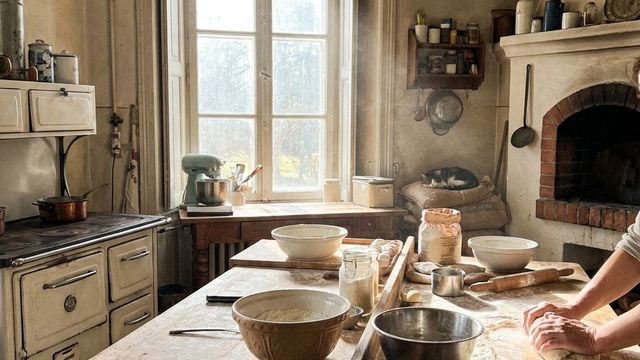 An old family bakery kitchen in warm light, copper pans overhead and hands kneading dough on a worn wooden counter