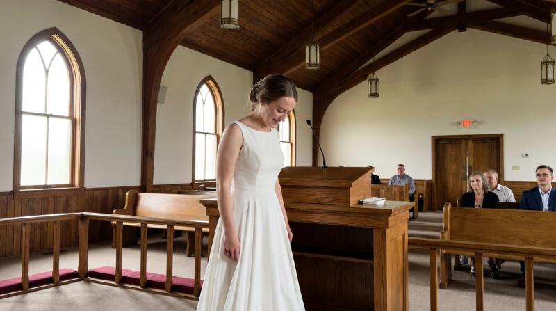 A bride in a simple white dress standing at the front of a small church