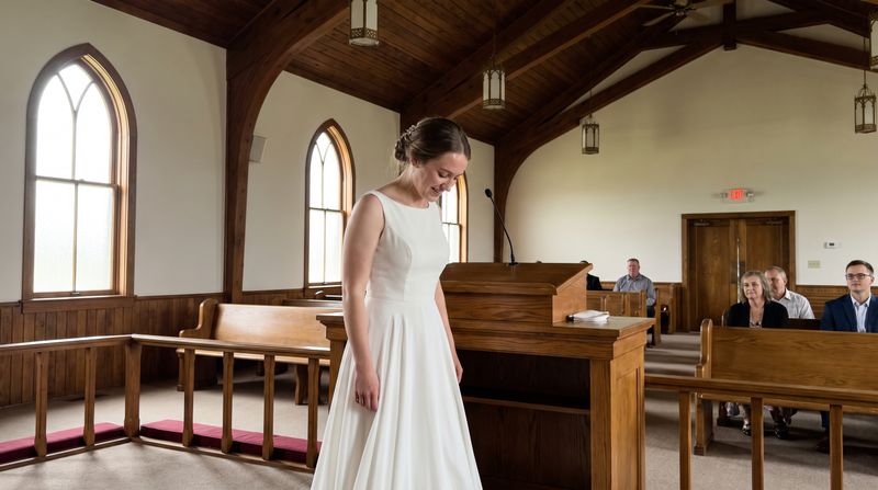 A bride in a simple white dress standing at the front of a small church