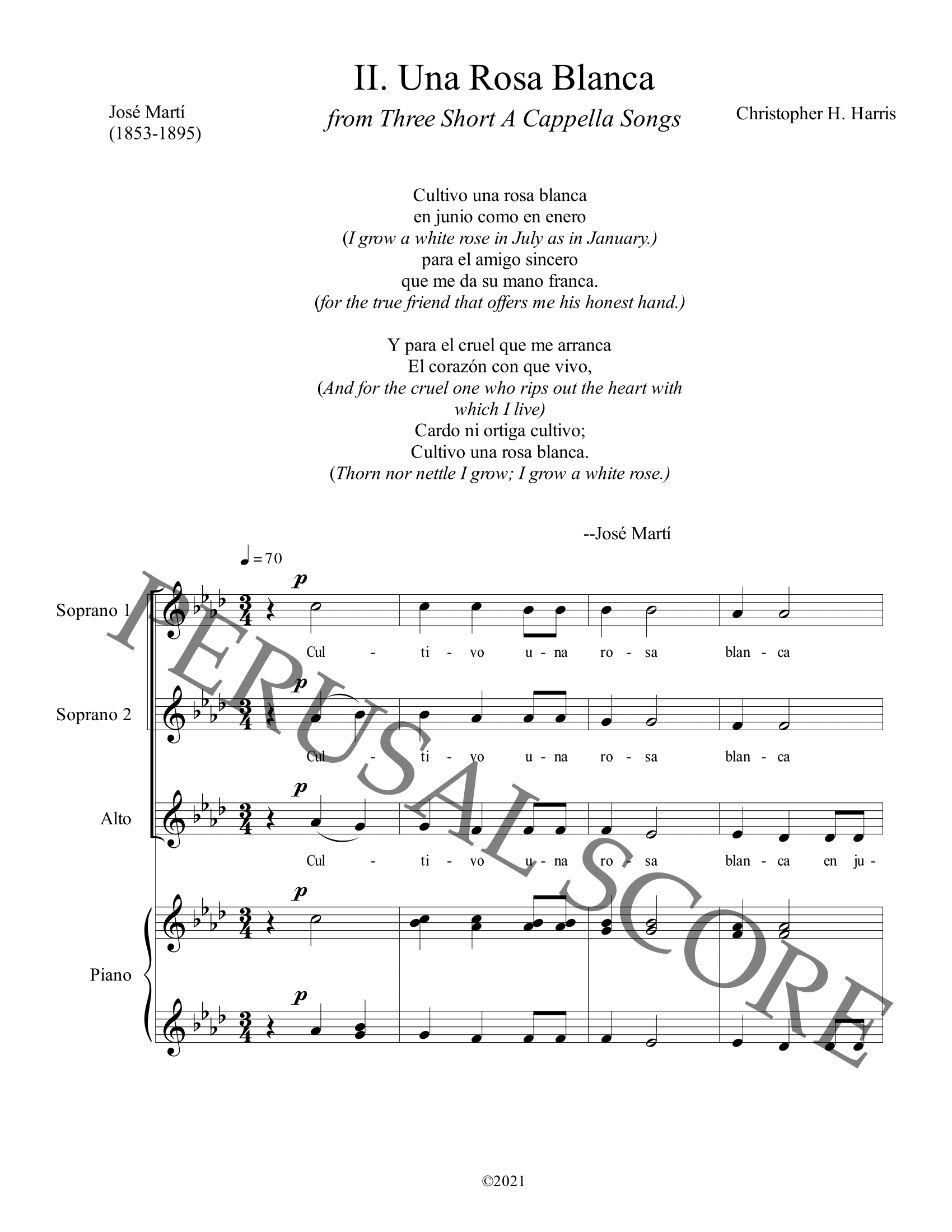 Three Short A Cappella Songs (SSA) Complete Set