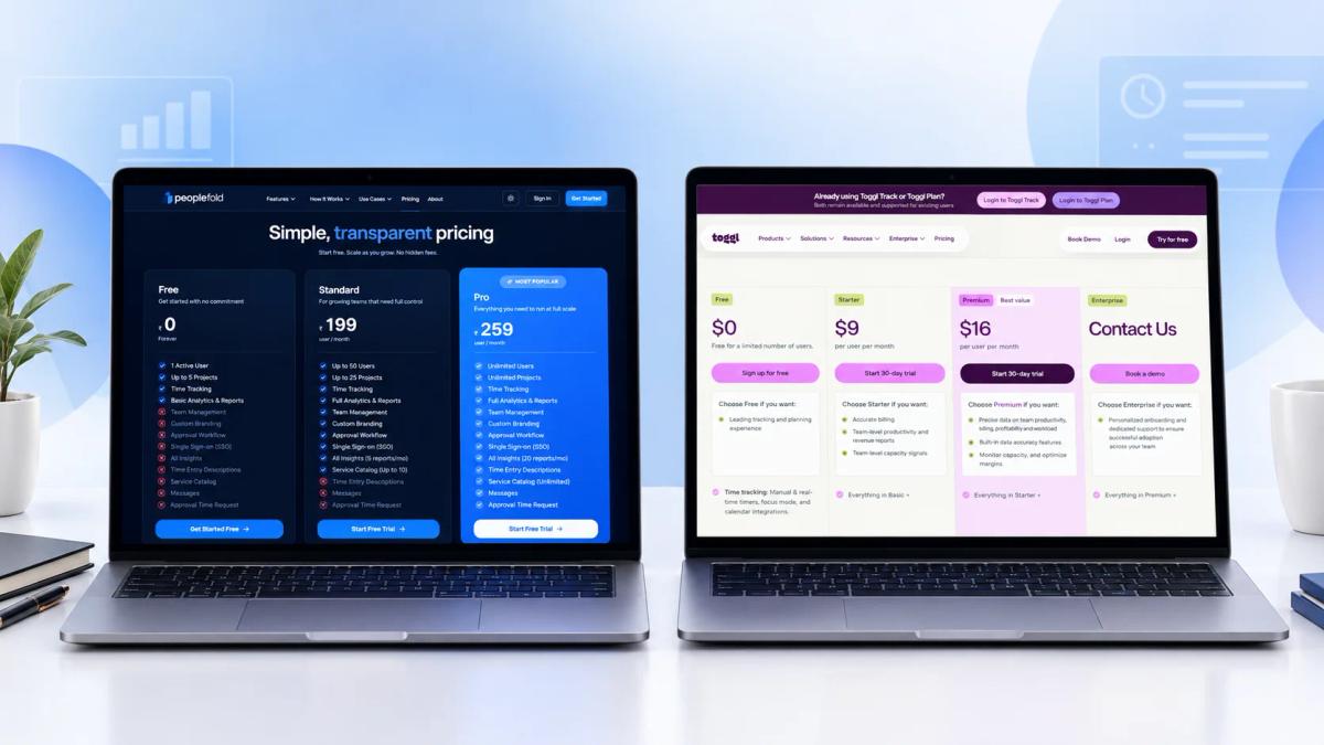 Two laptops comparing time tracking software pricing plans