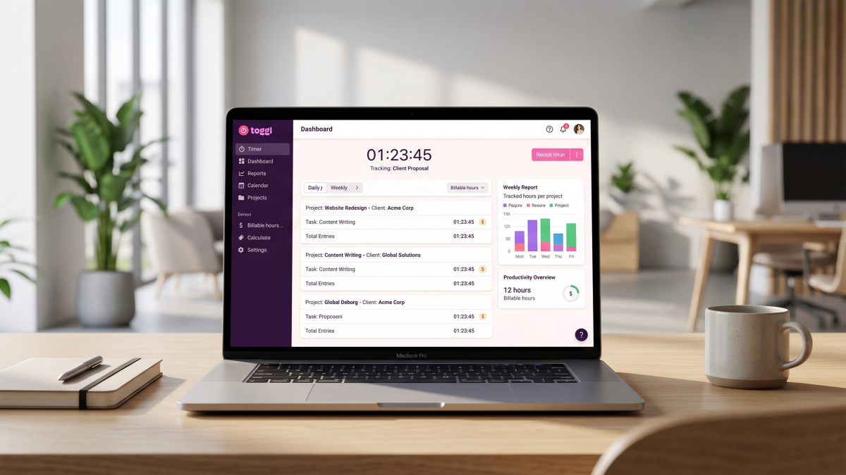 Toggl timer dashboard on laptop screen.