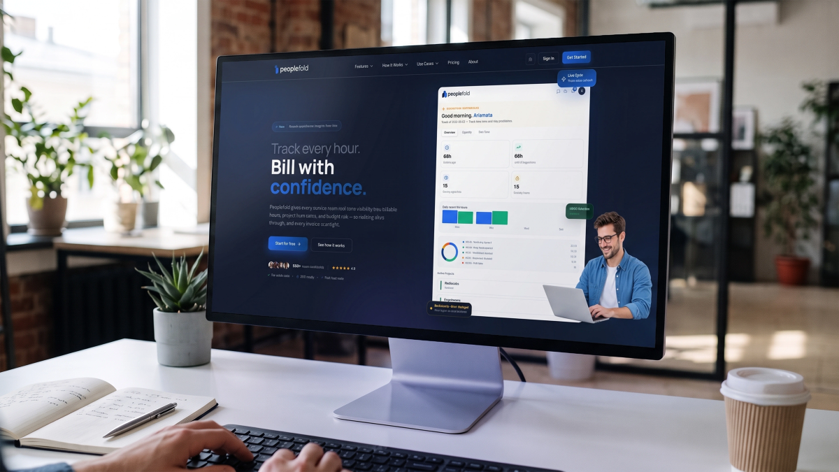 Peoplefold time tracking software dashboard showing billable hours, project tracking, and work activity insights