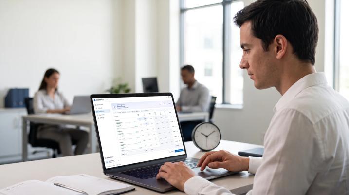 Employee using Peoplefold time tracking software to record project hours and manage timesheets in an office environment.