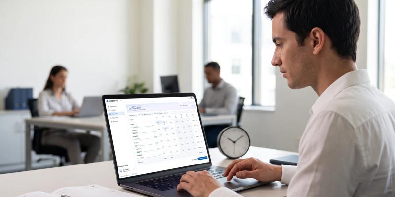 Employee using Peoplefold time tracking software to record project hours and manage timesheets in an office environment.