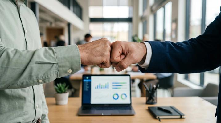 Workplace trust and employee time tracking illustrated by colleagues fist-bumping beside productivity analytics.
