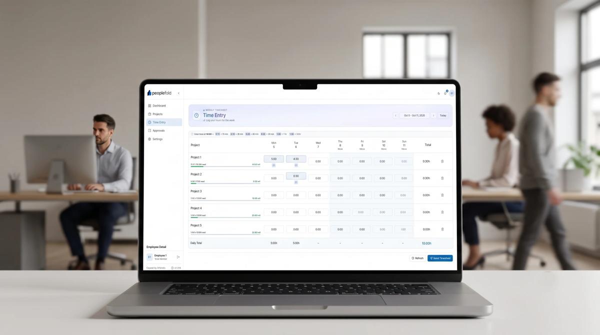 Laptop screen displaying Peoplefold weekly timesheet dashboard for project time tracking and workflow management.