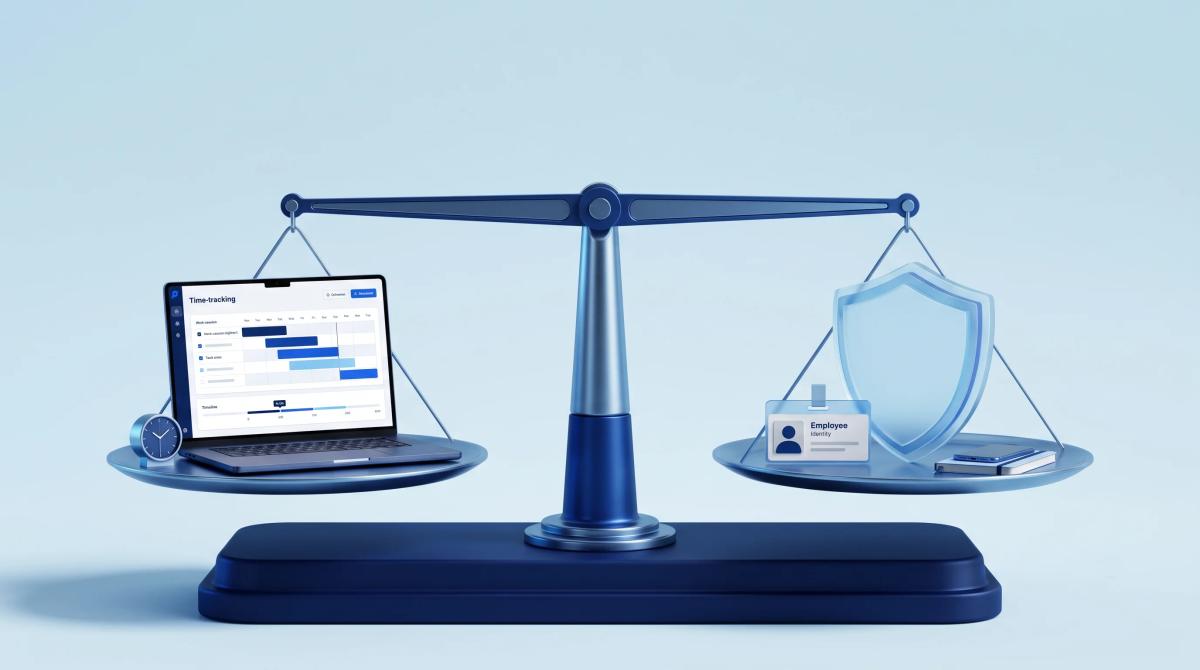 Balance scale weighing time tracking software against employee privacy and data security icons.