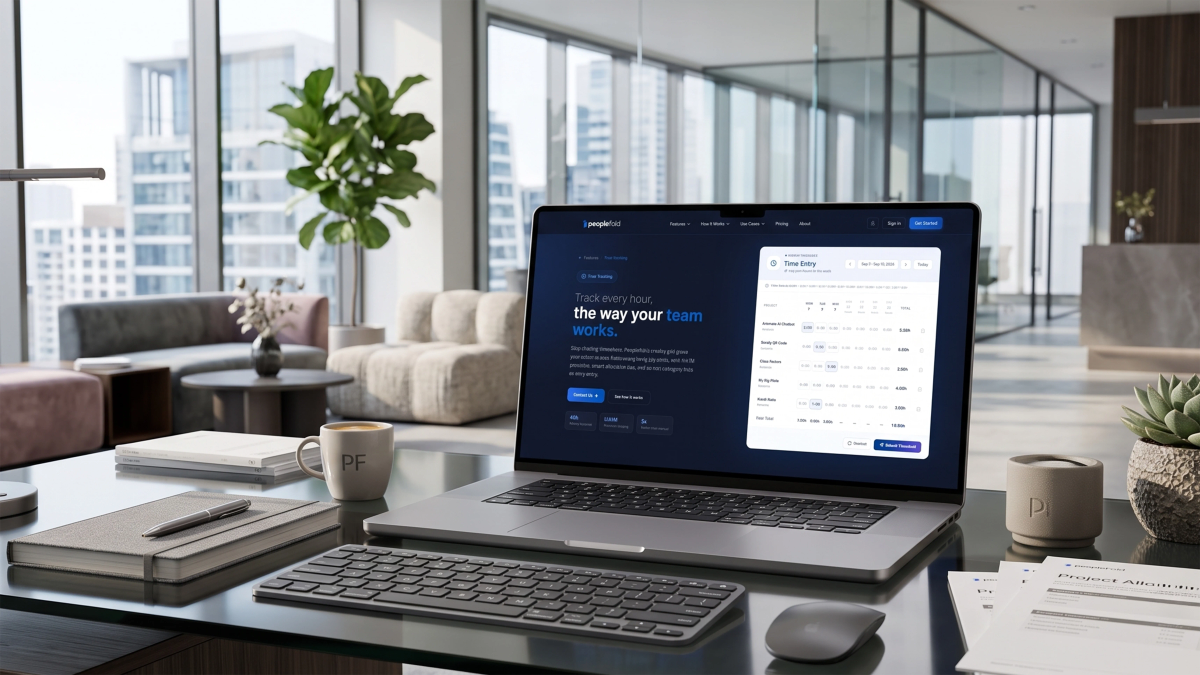 Peoplefold time tracking dashboard on a laptop in a modern office