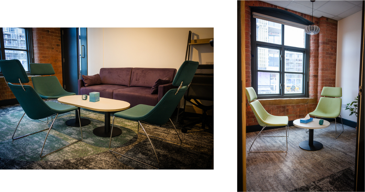 Two photographs of the therapy rooms: one with green armchairs around a low table and a sofa, the other with pale green chairs beside a brick-framed window.