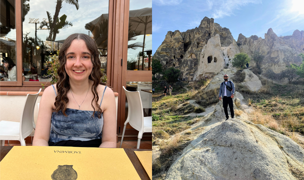 Two photos side by side: Brooke Avey seated at an outdoor restaurant table, and Shaheer Javed standing on a rock formation on a hillside.