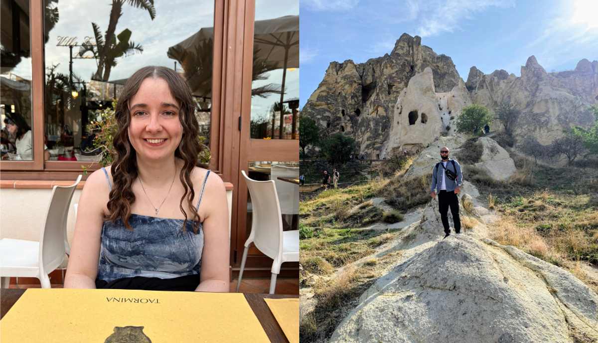 Two photos side by side: Brooke Avey seated at an outdoor restaurant table, and Shaheer Javed standing on a rock formation on a hillside.