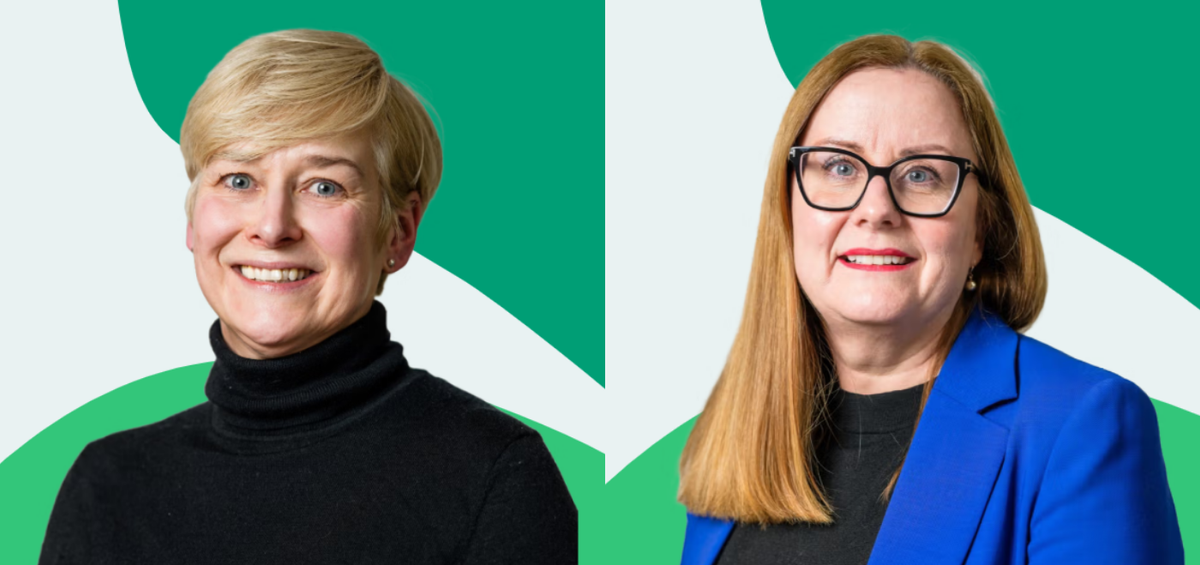 Two headshots side by side of Fi Grossick and Sian Evans, against a green and white graphic background.