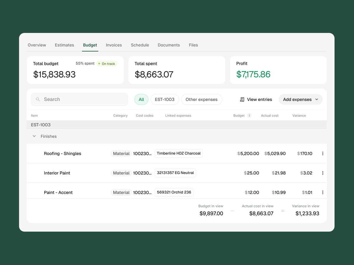 Your AI Teammate updates every line item so you can see budget vs actuals throughout the job.