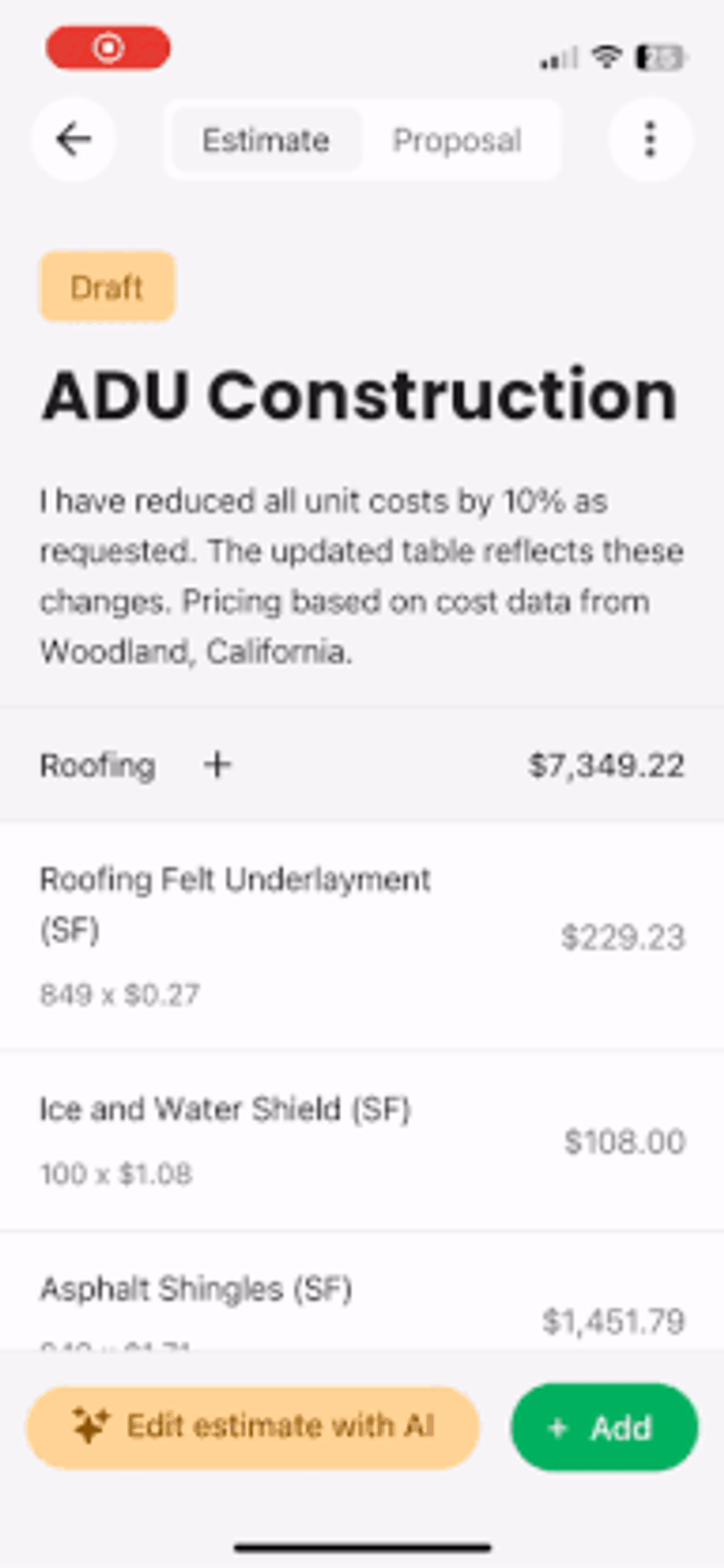 Mobile screen recording for converting estimates to proposals