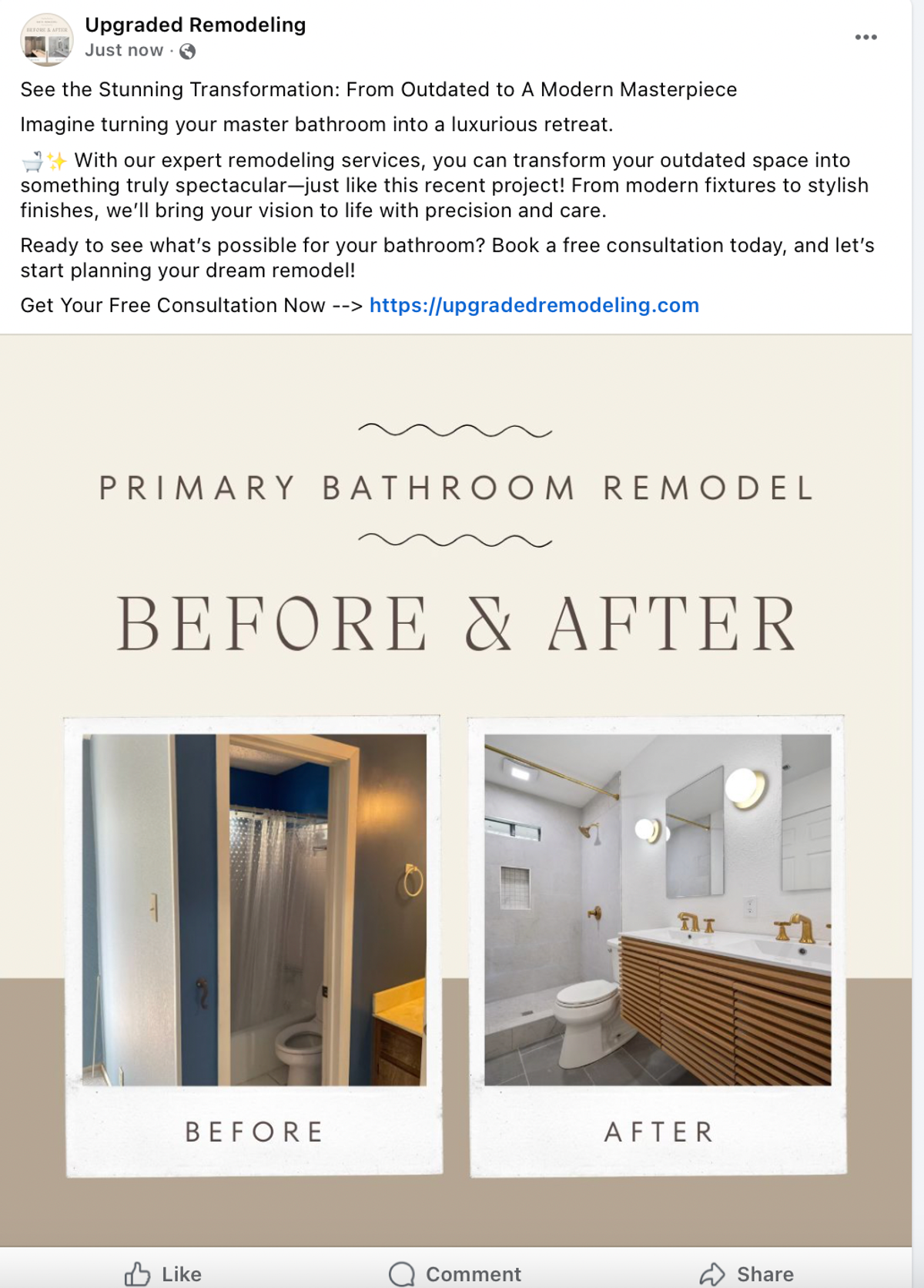 Example of a before and after facebook ad for a remodeling buisness