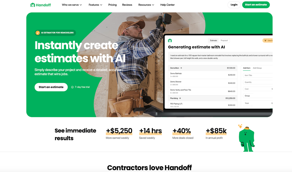 Best AI estimating app for residential remodeler is Handoff AI