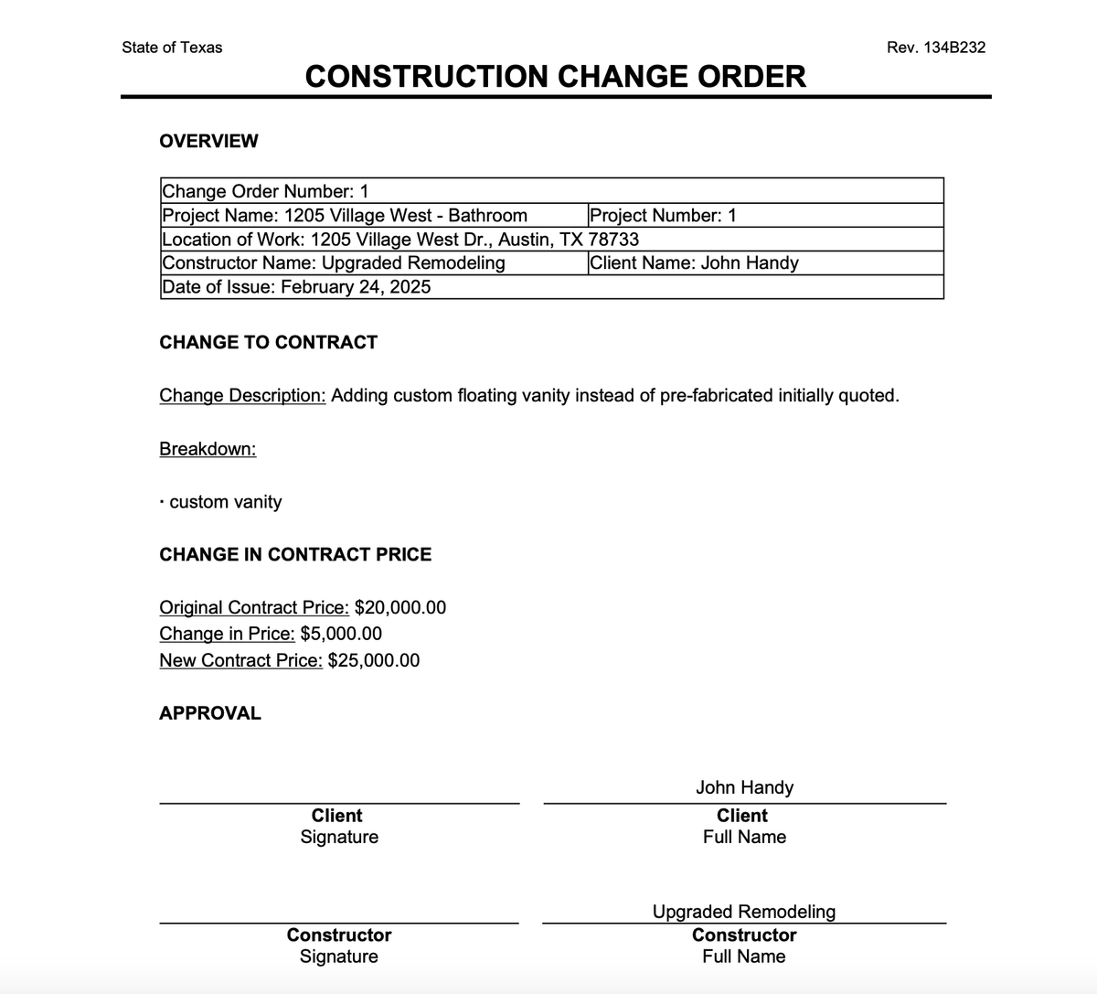 example of a remodeling change order