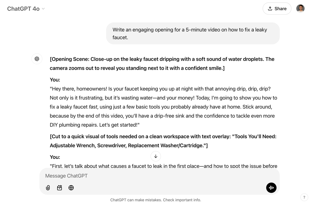 Use ChatGPT to write the opening for a 5-minute video on fixing a leaky faucet