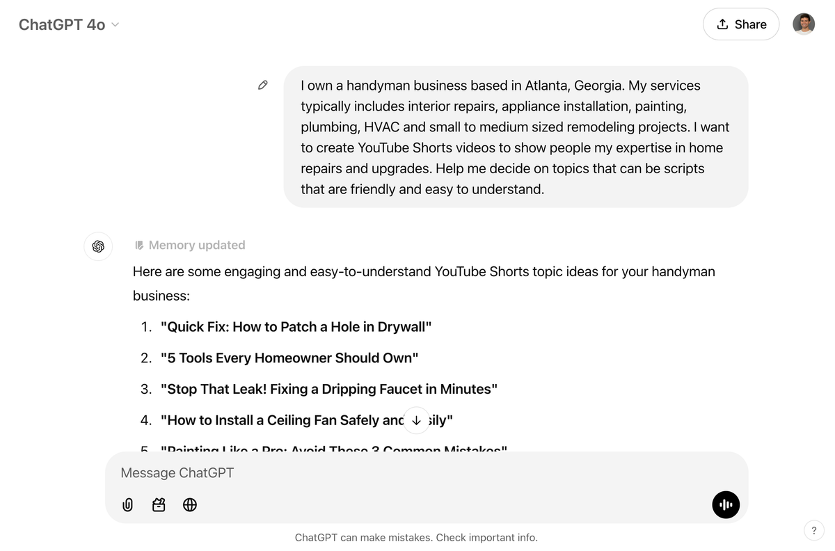 Example response from ChatGPT for YouTube Shorts video ideas for your Handyman business