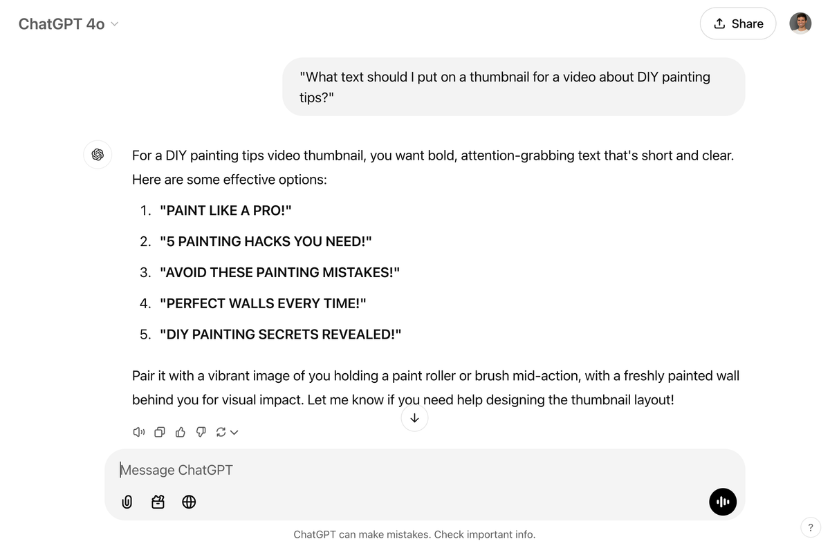 Use ChatGPT to help create thumbnail text ideas to create more appealing handyman video thumbnails for videos