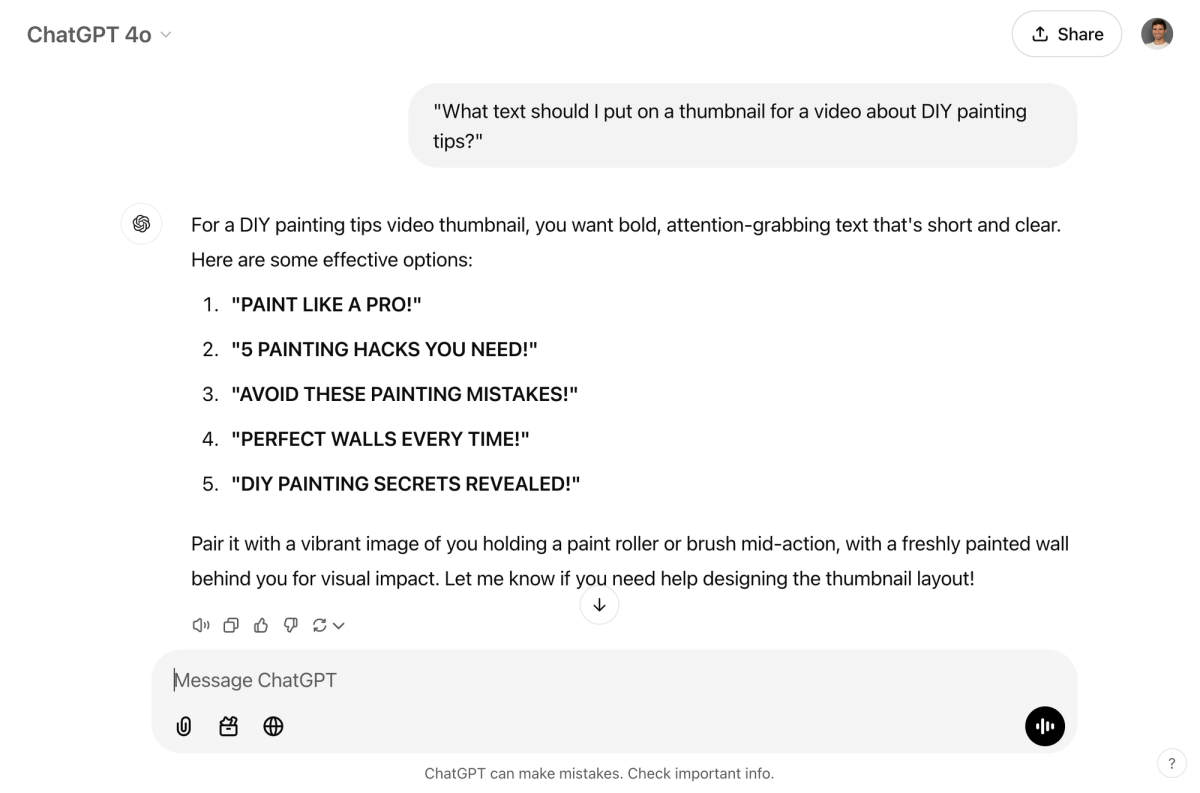 Use ChatGPT to help create thumbnail text ideas to create more appealing handyman video thumbnails for videos