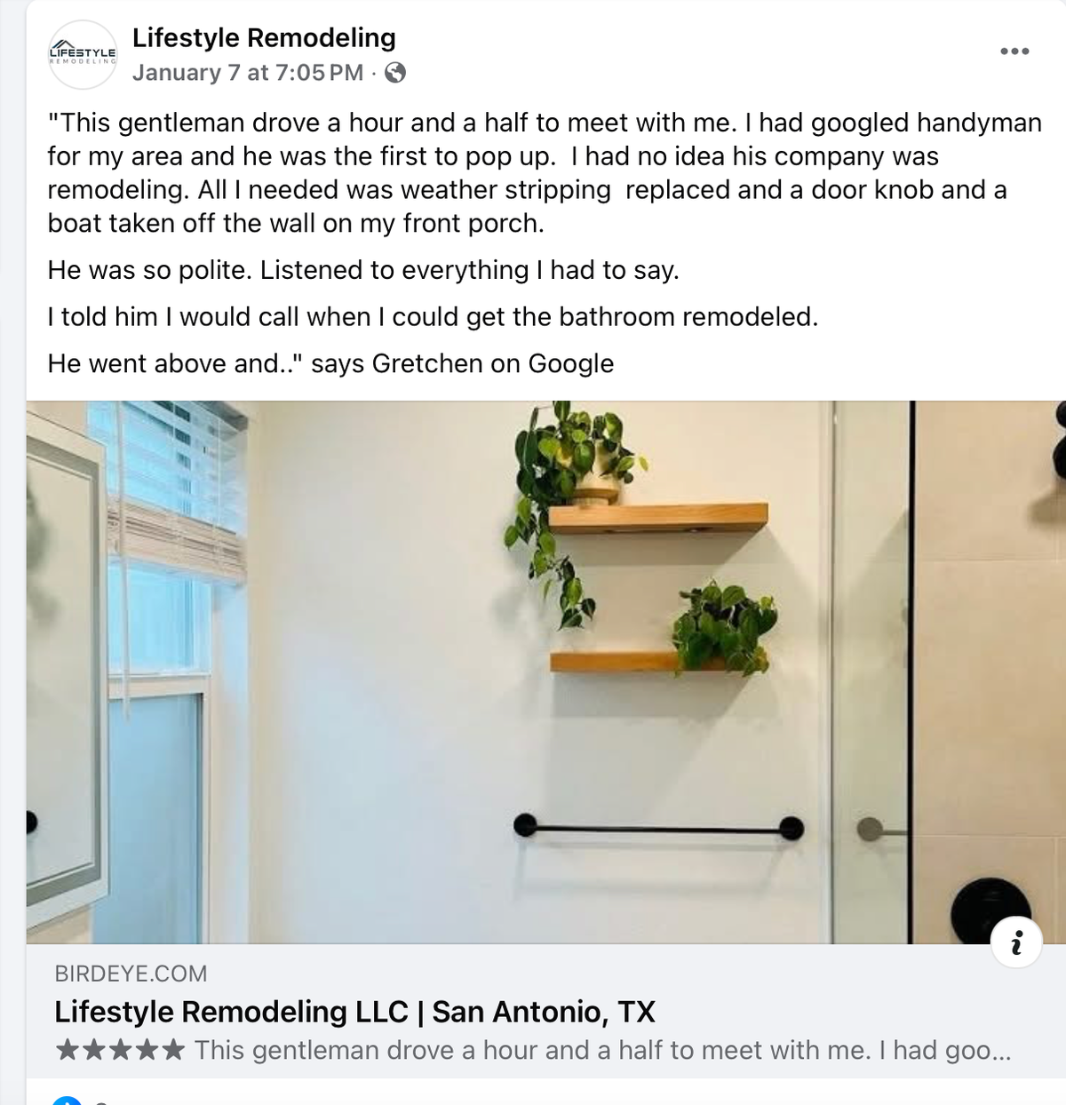 Example of a client shoutout from lifestyle remodeling on Facebook
