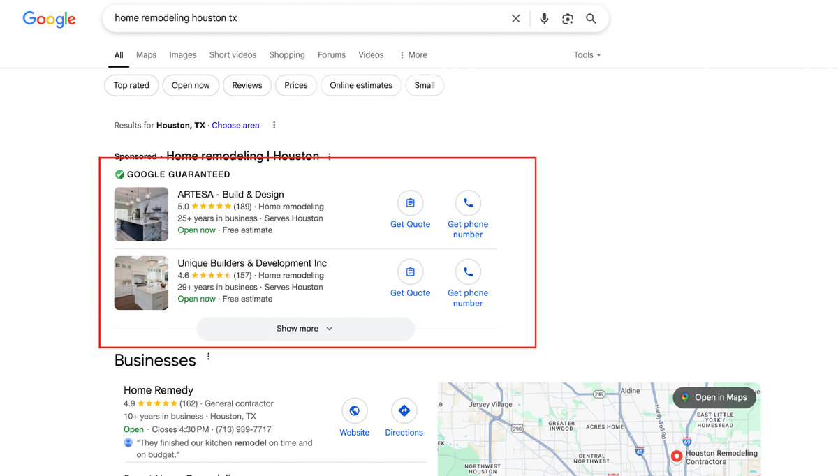 local service ads example from Google