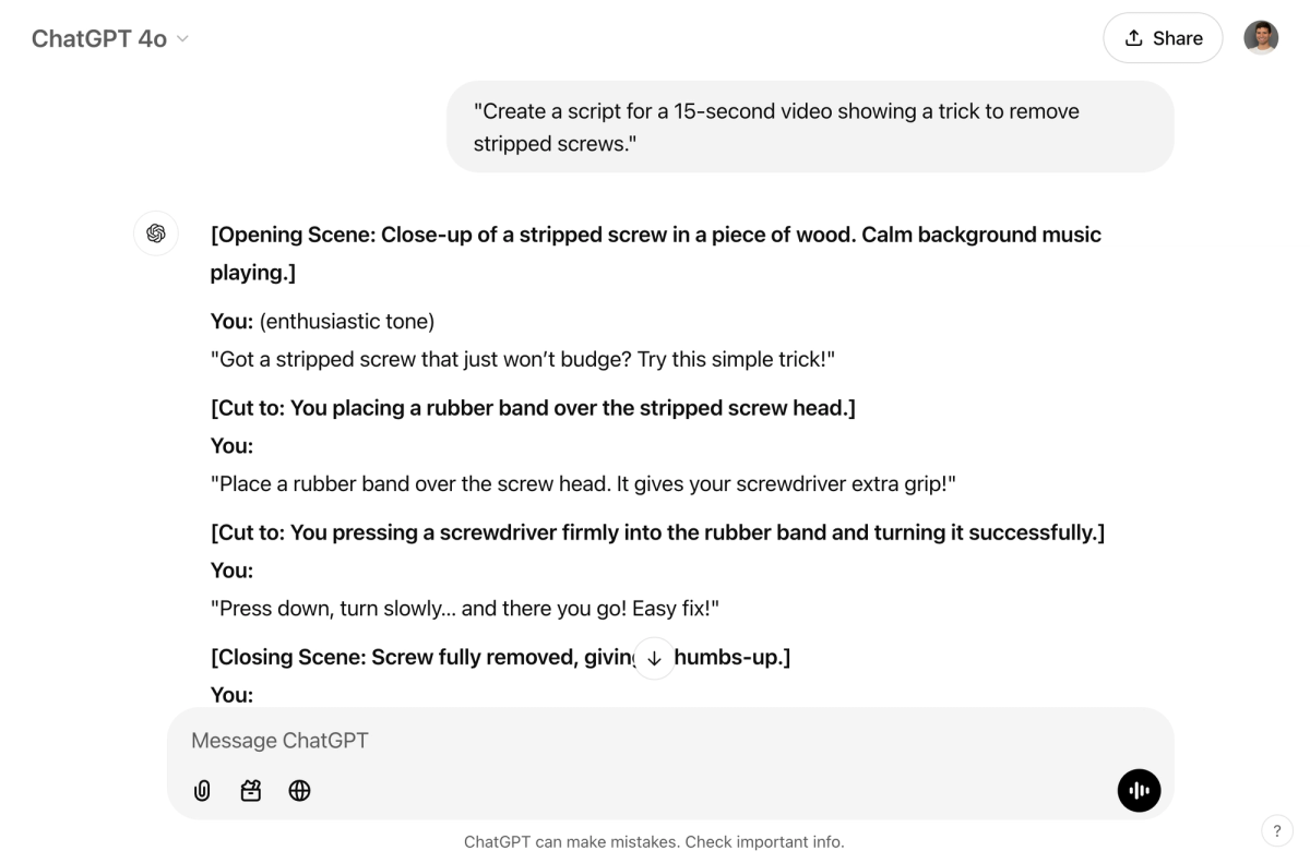 Use ChatGPT to create a YouTube Shorts script to remove stripped screws