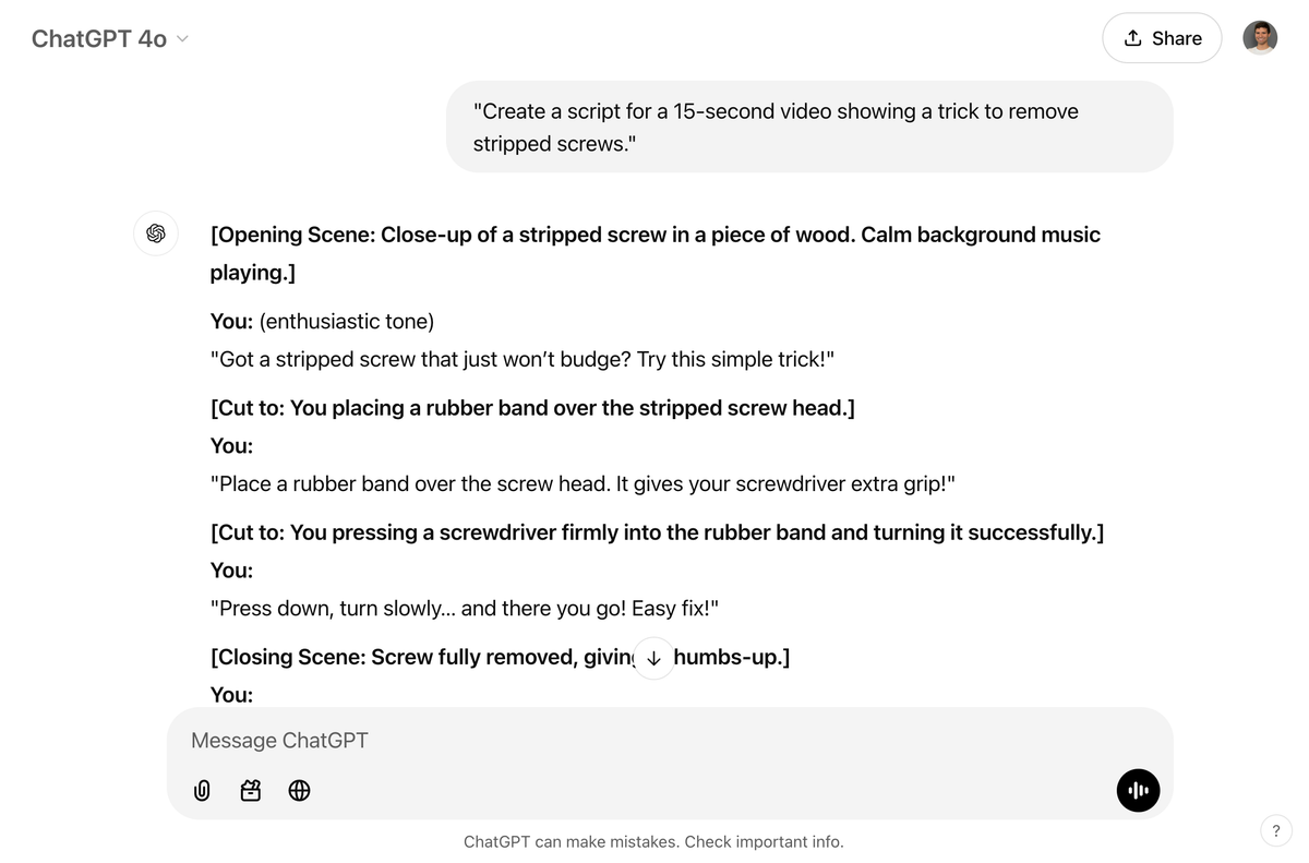 Use ChatGPT to create a YouTube Shorts script to remove stripped screws