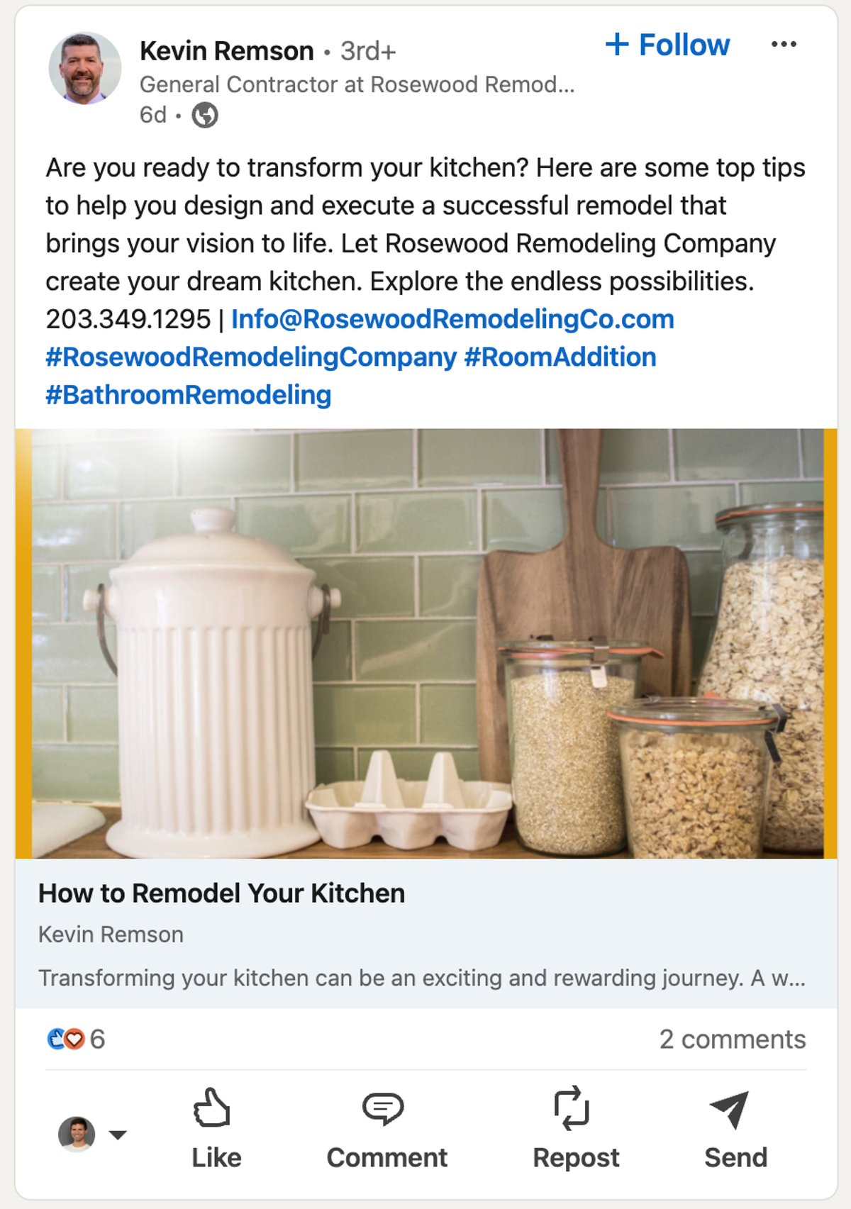 Kevin Remson promotes a recent blog post about remodeling a kitchen - through his LinkedIn profile