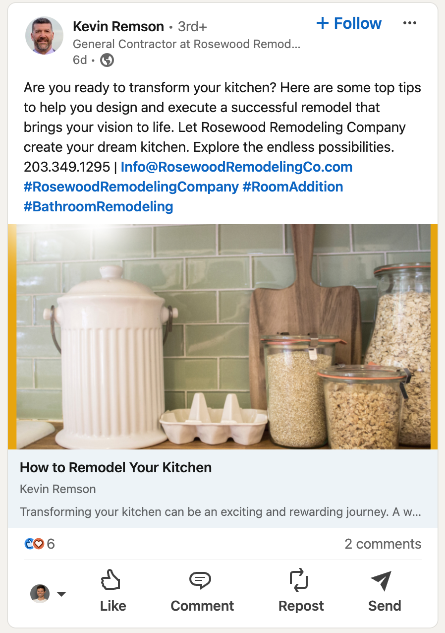 Kevin Remson promotes a recent blog post about remodeling a kitchen - through his LinkedIn profile