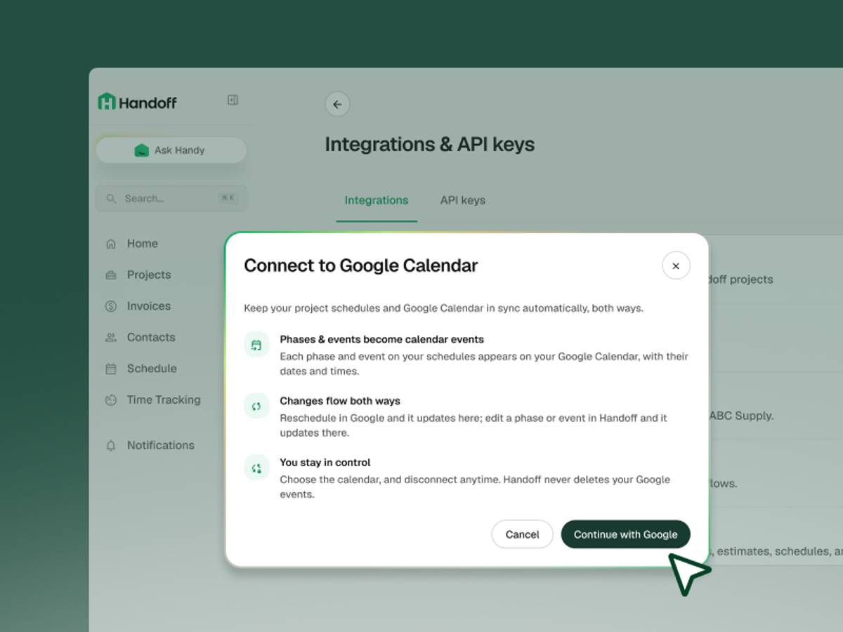Connect Handoff to Google Calendar and MagicPlan 