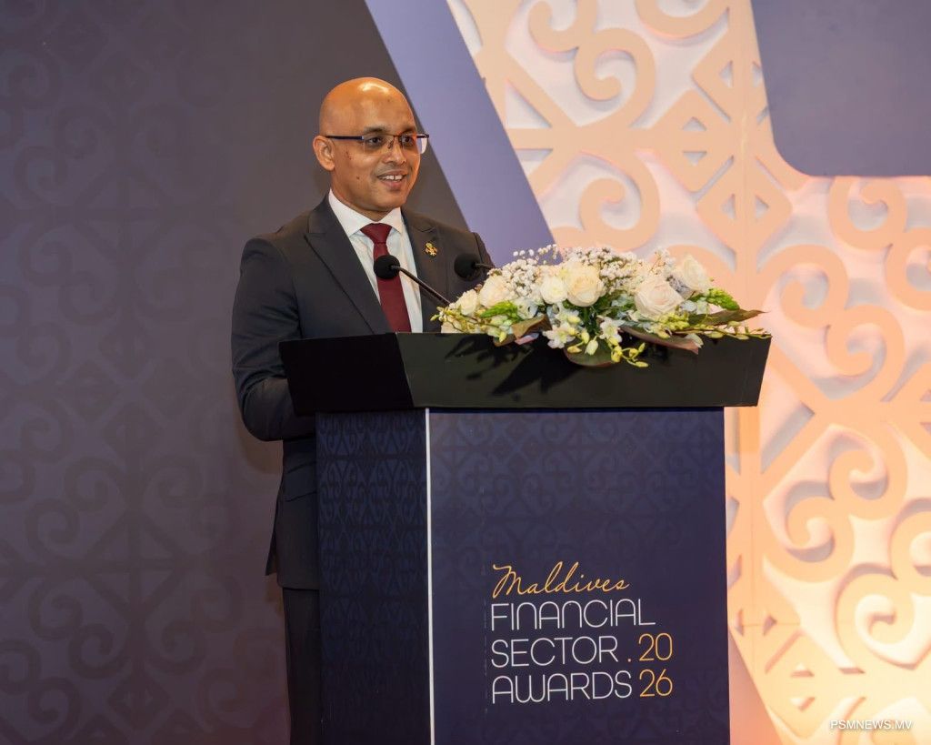 Minister of Finance Zareer speaking at the Maldives Financial Sector Awards