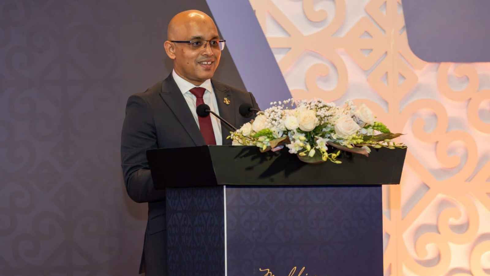 Minister of Finance Zareer speaking at the Maldives Financial Sector Awards