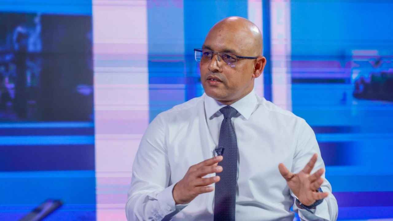 Minister Hassan Zareer seen in an interview on PSM news.