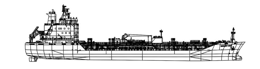 Line drawing of a long tanker in side profile, with the accommodation block at the stern