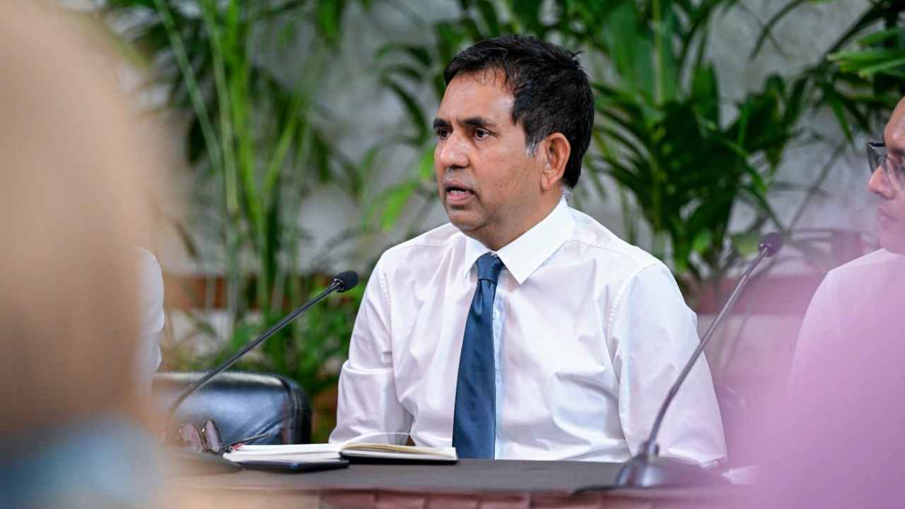 Economic Minister Saeed speaking at the Weekly Press Briefing at President's Office.