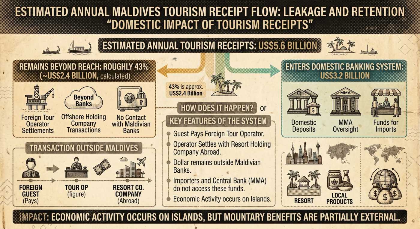 An infographic titled "ESTIMATED ANNUAL MALDIVES TOURISM RECEIPT FLOW: LEAKAGE AND RETENTION" details how an estimated US$5.6 billion in total tourism receipts is split. A major division shows roughly 43 percent, or US$2.4 billion, remains entirely "Beyond Reach" of the domestic banking system, defined as funds from "Foreign Tour Operator Settlements" and "Offshore Holding Company Transactions" with "No Contact with Maldivian Banks." A visual "Transaction Outside Maldives" tracks a foreign guest paying a foreign tour operator, who then settles with a resort holding company abroad. A list of key features clarifies that the actual dollars remain outside the country, beyond the reach of importers and the central bank (MMA), even though the economic activity happens on the islands. In contrast, the remaining US$3.2 billion successfully "Enters [the] Domestic Banking System," supporting "Domestic Deposits," "Funds for Imports," and falling under "MMA Oversight," with final icons representing resorts, local products, and a world map with money bags. The infographic concludes with the overall impact statement: "ECONOMIC ACTIVITY OCCURS ON ISLANDS, BUT MONETARY BENEFITS ARE PARTIALLY EXTERNAL."