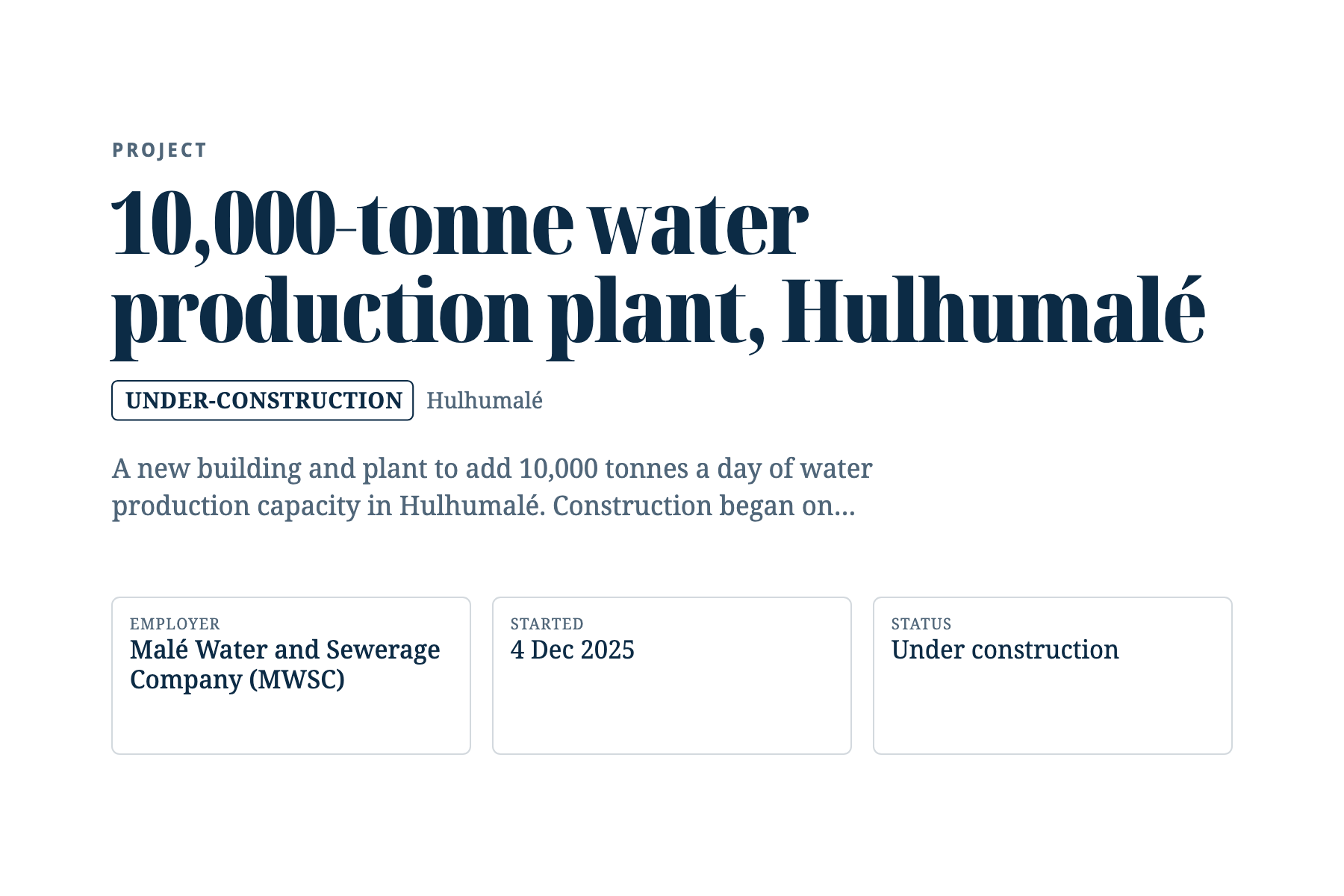 Our project page for the 10,000-tonne water production plant: title, status and fact cards.